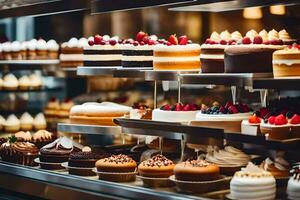 viele anders Typen von Kuchen sind auf Anzeige im ein Bäckerei. KI-generiert foto