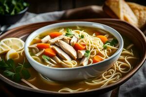 Hähnchen Nudel Suppe mit Huhn, Möhren und Petersilie. KI-generiert foto