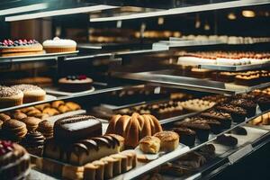 ein Bäckerei Anzeige mit viele anders Typen von Gebäck. KI-generiert foto