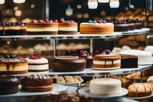 viele anders Typen von Kuchen sind auf Anzeige im ein Bäckerei. KI-generiert foto