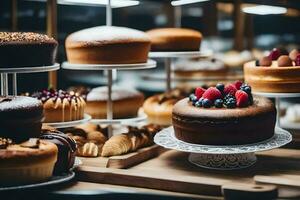 viele anders Typen von Kuchen sind auf Anzeige im ein Bäckerei. KI-generiert foto