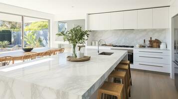Küche mit luxuriös Marmor Insel Bank. ai generiert foto