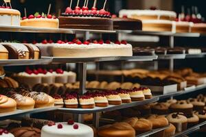 viele anders Typen von Kuchen sind auf Anzeige im ein Bäckerei. KI-generiert foto