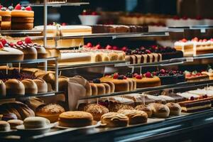 ein Bäckerei Anzeige mit viele anders Typen von Kuchen. KI-generiert foto