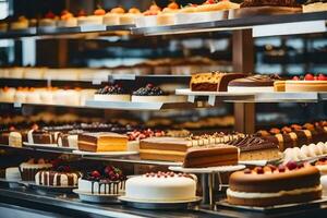 viele anders Typen von Kuchen sind auf Anzeige im ein Bäckerei. KI-generiert foto