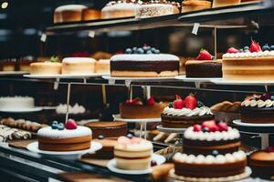 viele anders Typen von Kuchen sind auf Anzeige im ein Bäckerei. KI-generiert foto