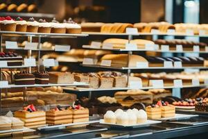 viele anders Typen von Kuchen sind auf Anzeige im ein Bäckerei. KI-generiert foto