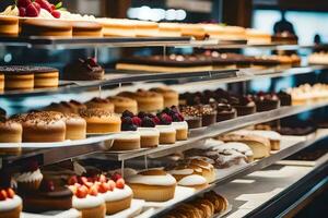 viele anders Typen von Gebäck sind auf Anzeige im ein Bäckerei. KI-generiert foto