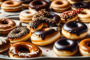 ein Tablett von Donuts mit Schokolade und Sträusel. KI-generiert foto