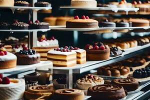 ein Anzeige von Kuchen im ein Bäckerei. KI-generiert foto