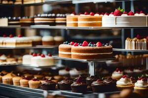 viele anders Typen von Kuchen sind auf Anzeige im ein Bäckerei. KI-generiert foto