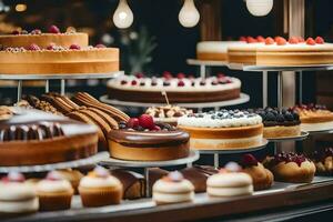 viele anders Typen von Kuchen sind angezeigt auf ein Anzeige Fall. KI-generiert foto