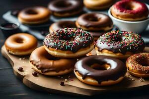 ein Tablett von Donuts mit Schokolade Glasur und Sträusel. KI-generiert foto