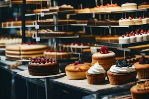 viele anders Typen von Kuchen sind auf Anzeige im ein Bäckerei. KI-generiert foto