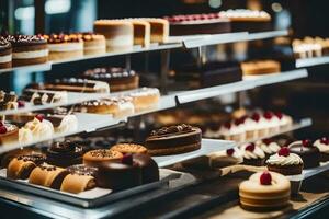 viele anders Typen von Kuchen sind auf Anzeige im ein Bäckerei. KI-generiert foto