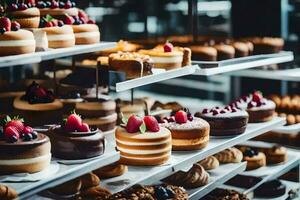 viele anders Typen von Kuchen sind auf Anzeige im ein Bäckerei. KI-generiert foto