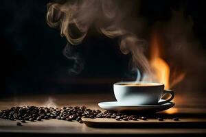 ein Tasse von Kaffee mit Rauch und Kaffee Bohnen auf ein hölzern Tisch. KI-generiert foto