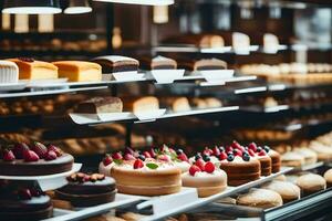 viele anders Typen von Kuchen sind auf Anzeige im ein Bäckerei. KI-generiert foto