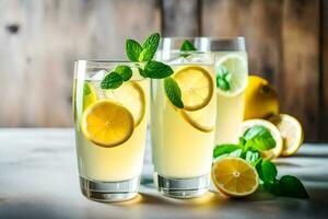 zwei Brille von Limonade mit Minze Blätter und Zitronen. KI-generiert foto