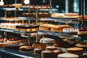 ein Bäckerei Anzeige mit viele anders Typen von Kuchen. KI-generiert foto