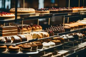 viele anders Typen von Kuchen sind auf Anzeige im ein Bäckerei. KI-generiert foto