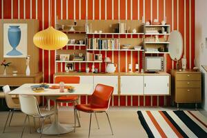 klein Zuhause öffnen Planung. Teppichpunk Stil mit gesättigt Streifen, Georg jensen beeinflussen, und nachhaltig 1970er Jahre Design. ai generiert foto
