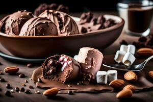 Schokolade Eis Sahne mit Mandeln und Marshmallows. KI-generiert foto