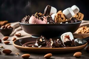 Schokolade Eis Sahne mit Marshmallows und Mandeln im ein Schüssel. KI-generiert foto