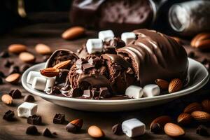 Schokolade Eis Sahne mit Marshmallows und Mandeln. KI-generiert foto