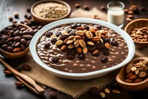 Schokolade Hafer im ein Schüssel mit Nüsse und Milch. KI-generiert foto