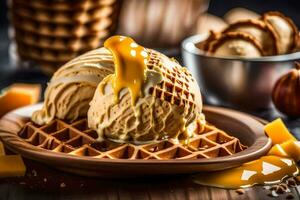 Eis Sahne Waffel mit Karamell Soße und Waffel auf ein hölzern Platte. KI-generiert foto