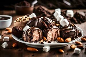 Schokolade bedeckt Marshmallows und Mandeln auf ein Platte. KI-generiert foto
