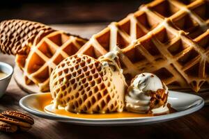 Eis Sahne und Waffeln auf ein hölzern Tisch. KI-generiert foto