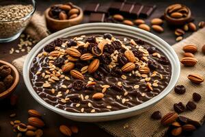 Schokolade Hafer im ein Schüssel mit Nüsse und Mandeln. KI-generiert foto