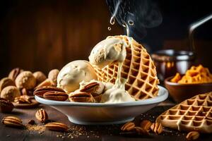 Eis Sahne und Waffeln im ein Schüssel. KI-generiert foto