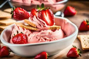 Erdbeere Eis Sahne mit Cracker und Erdbeeren. KI-generiert foto