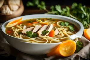 Hähnchen Nudel Suppe mit Möhren und Petersilie. KI-generiert foto