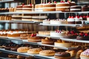 viele anders Typen von Kuchen sind auf Anzeige im ein Bäckerei. KI-generiert foto