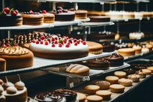 viele anders Typen von Kuchen sind auf Anzeige im ein Bäckerei. KI-generiert foto