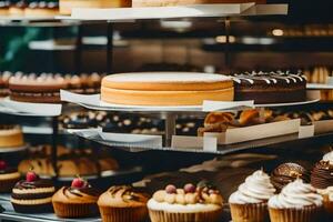 viele anders Typen von Kuchen und Gebäck auf Anzeige. KI-generiert foto