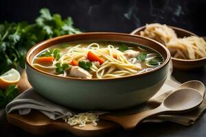 Hähnchen Nudel Suppe im ein Schüssel mit Nudeln und Gemüse. KI-generiert foto