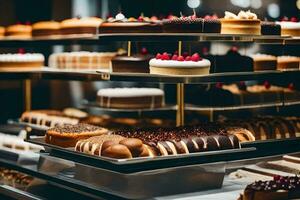 ein Bäckerei Anzeige mit viele anders Typen von Kuchen. KI-generiert foto