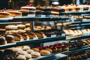 viele anders Typen von Kuchen sind auf Anzeige im ein Bäckerei. KI-generiert foto