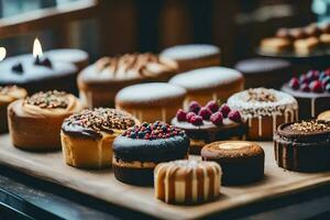 ein Tablett von Kuchen und Gebäck auf ein Tisch. KI-generiert foto