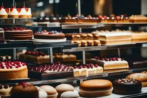 viele anders Typen von Kuchen sind auf Anzeige im ein Bäckerei. KI-generiert foto