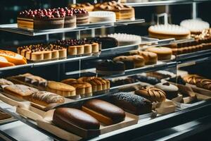 ein Anzeige von Gebäck im ein Bäckerei. KI-generiert foto