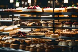 viele anders Typen von Kuchen sind auf Anzeige im ein Bäckerei. KI-generiert foto