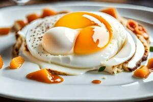 ein Ei auf ein Teller mit ein Scheibe von orange. KI-generiert foto