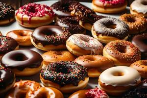 ein groß Nummer von Donuts auf ein Weiß Platte. KI-generiert foto