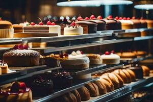 viele anders Typen von Kuchen sind auf Anzeige im ein Bäckerei. KI-generiert foto